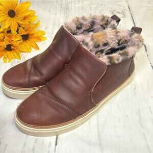 TOMS Boots Chukka‎ Paxton Size W9 Brown Leather Leopard Faux Fur Lined (b)